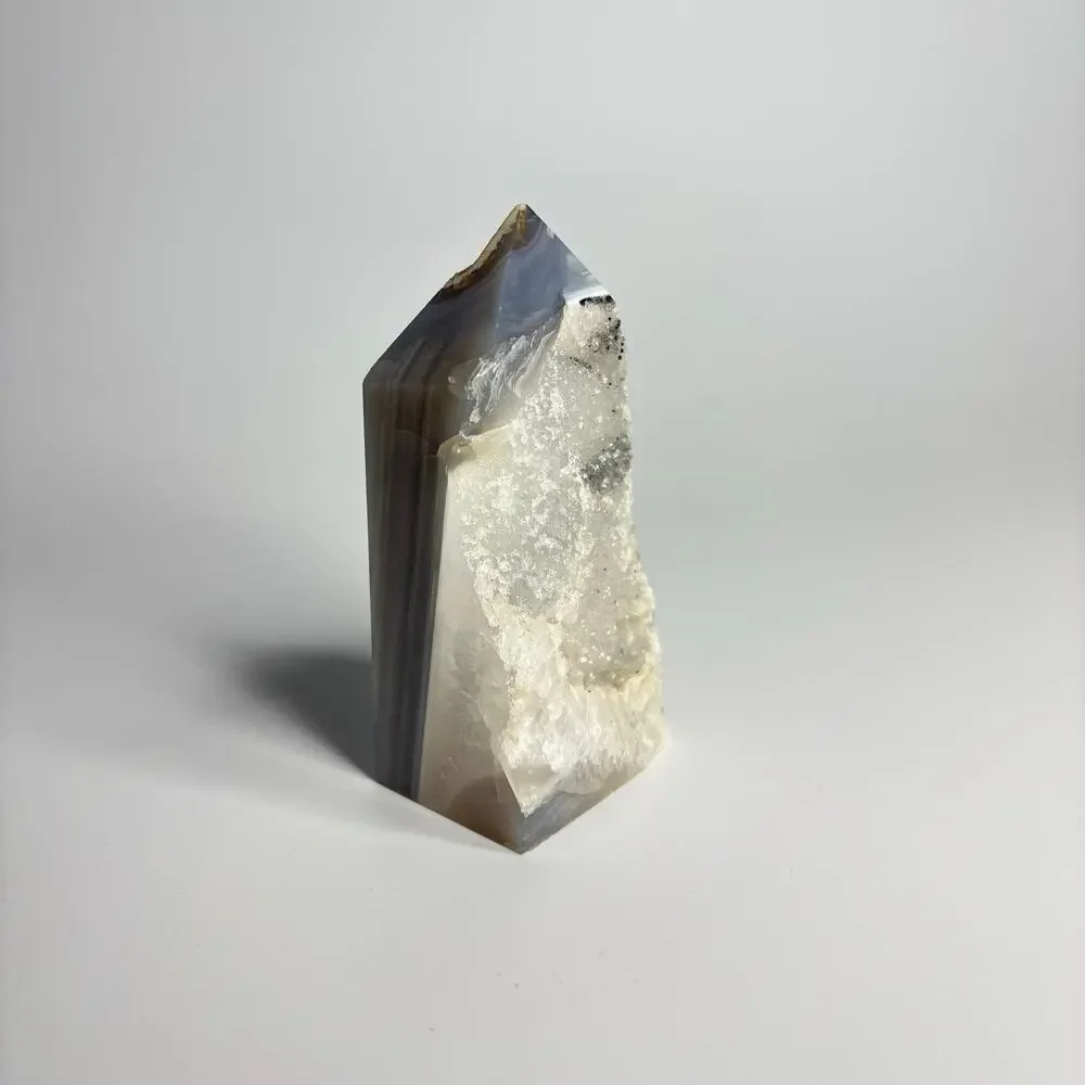 Polished Blue Grey Agate Crystal Tower with Druzy Quartz